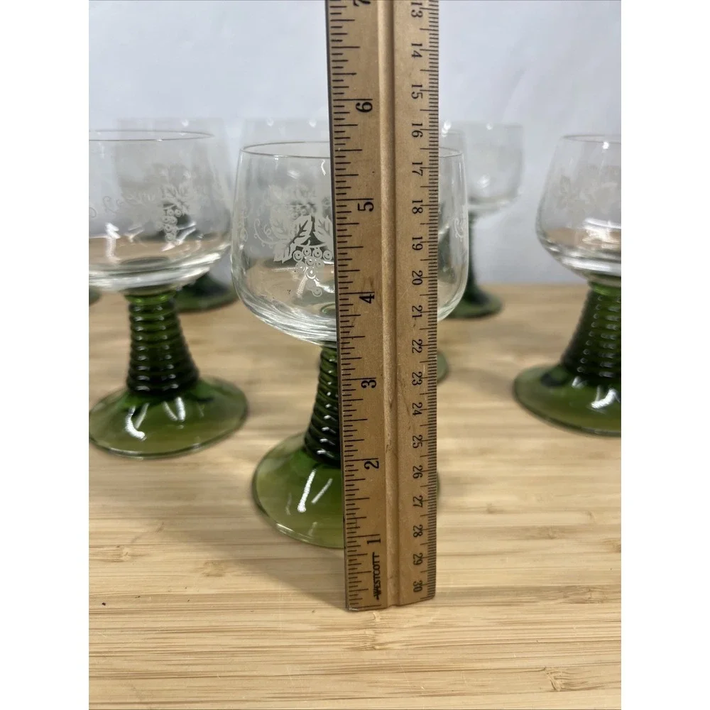Vintage Beehive Stem Etched Wine Goblets Green Stem‎ Mixed Set of 14